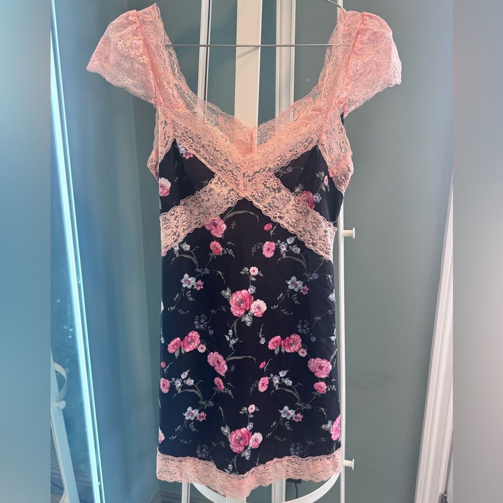 Current Mood Black Floral Slip Dress with Pink Lace Trim